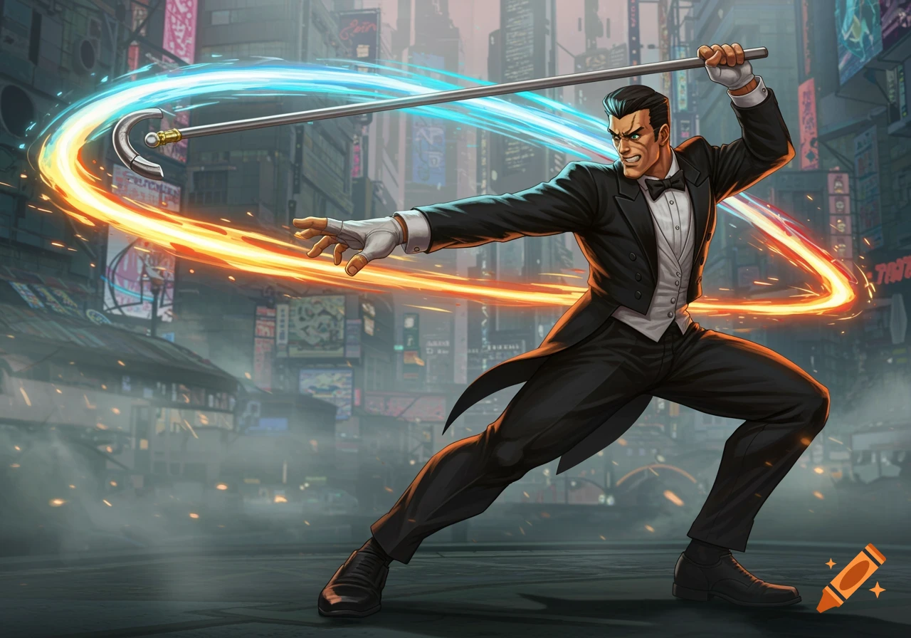 JP from Street Fighter 6, a male character in a tuxedo, swings his cane with energy trails in a stylized cyberpunk city.