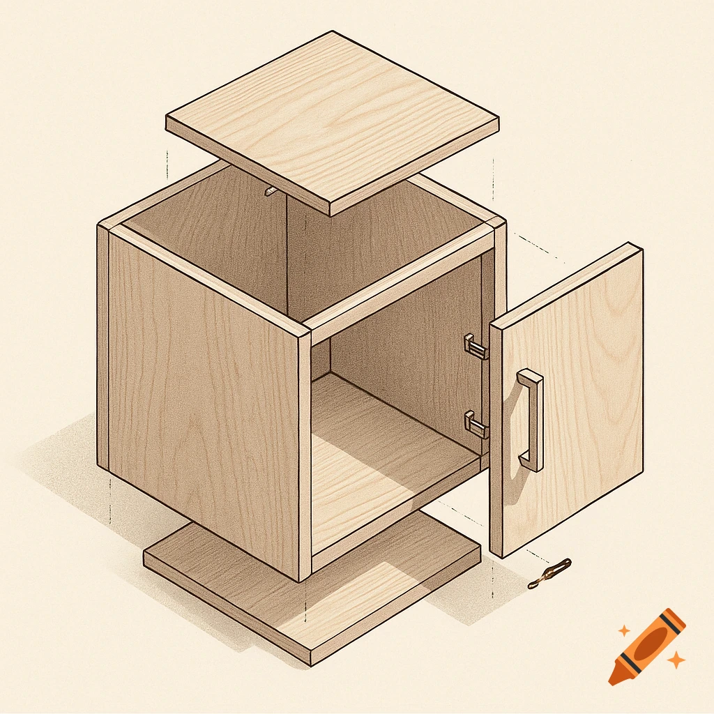 Isometric exploded diagram of a wooden cupboard, showing its components for assembly.