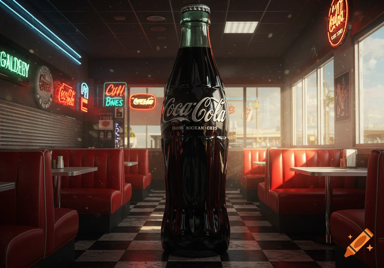 A large, dark glass Coca-Cola bottle stands centered on a black and white checkered floor in a retro diner with red booths and neon signs.