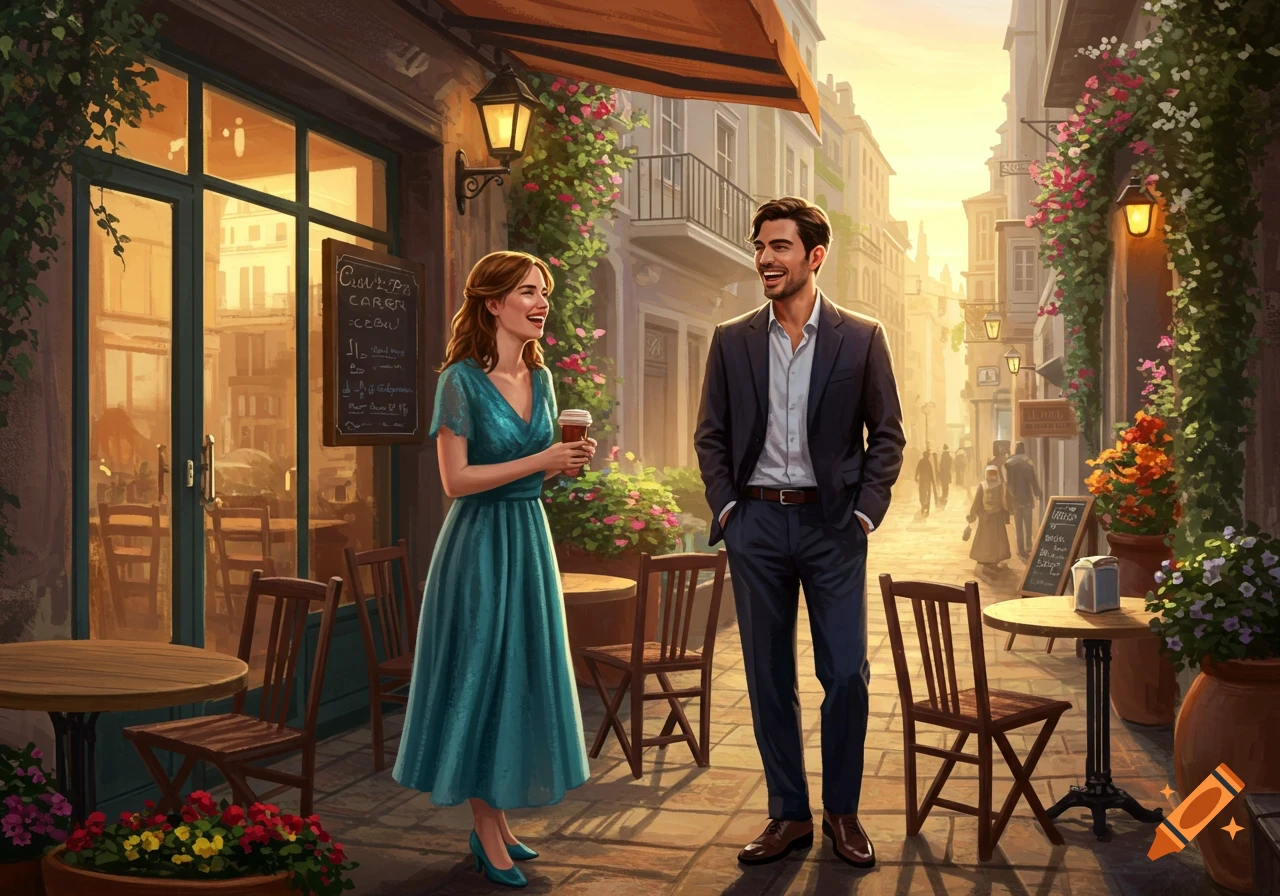 A smiling woman in a teal dress holding a coffee cup talks to a smiling man in a suit outside a cafe on a sunlit street.