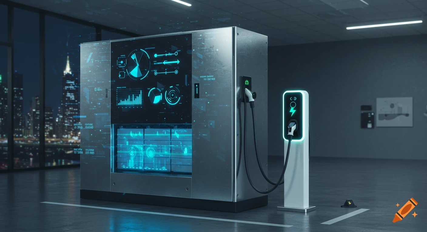 A Battery Energy Storage System with blue screens and an EV charger in a futuristic garage with a city skyline.