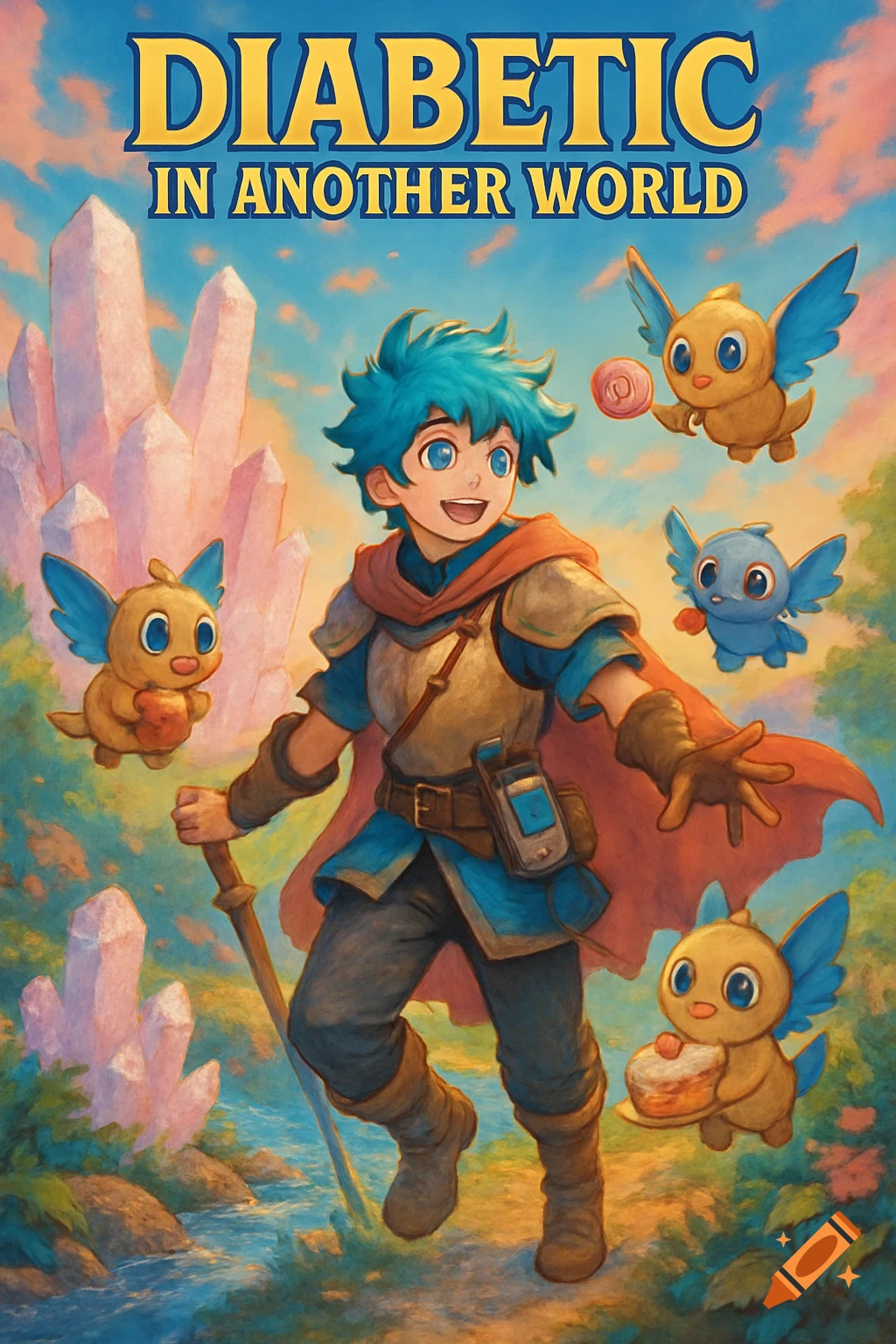 Anime-style adventurer with blue hair and red cape, walking through a magical land with crystals and flying creature companions. Title reads 'DIABETIC IN ANOTHER WORLD'.