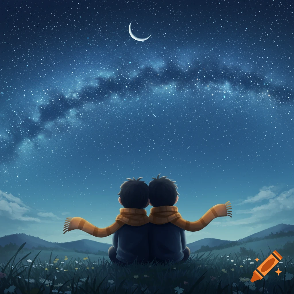 Two cartoon figures with orange scarves sit in a grassy field, looking up at a starry night sky with a crescent moon.