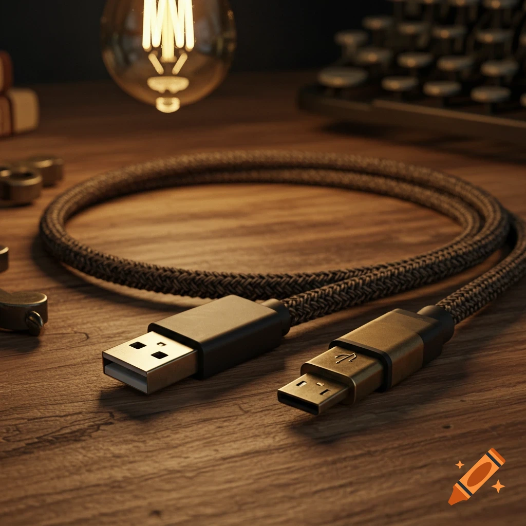 A brown braided USB cable, coiled and with two connectors, rests on a wooden table, a vintage light bulb and typewriter blurred in the background.