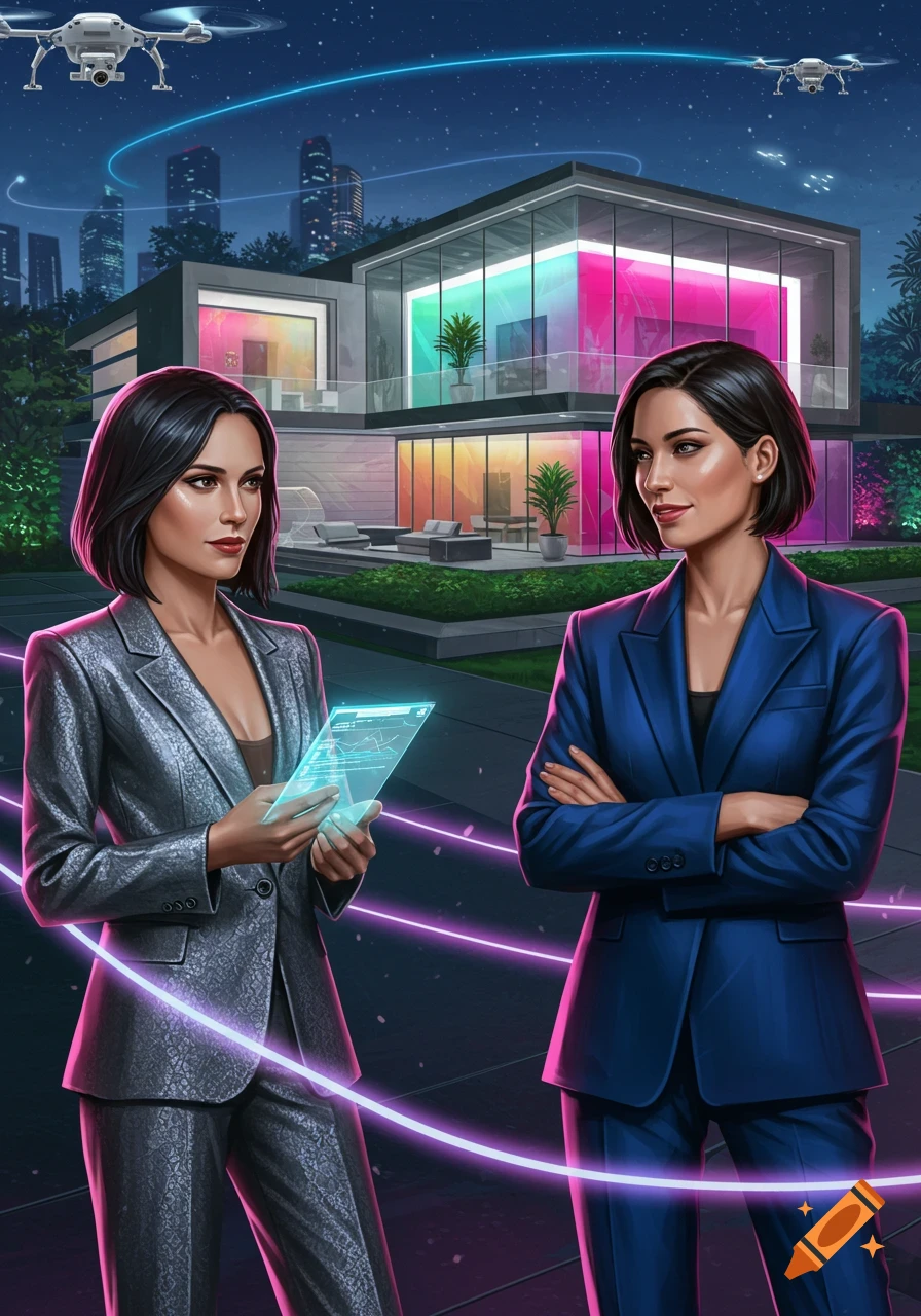 Two women in business suits stand outside a modern, illuminated house with drones flying overhead. One woman holds a holographic tablet.