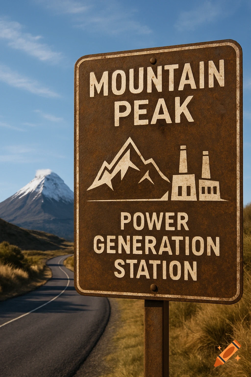 A brown road sign reading 'Mountain Peak Power Generation Station' on a winding road leading to a snow-capped mountain under a blue sky.
