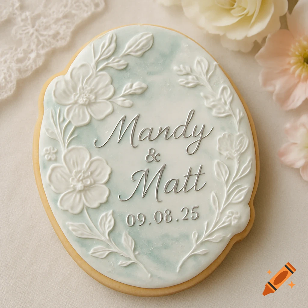 A close-up of a wedding shortbread cookie decorated with white floral icing, marbled mint, silver, and white background, and text 'Mandy & Matt 09.08.25'.