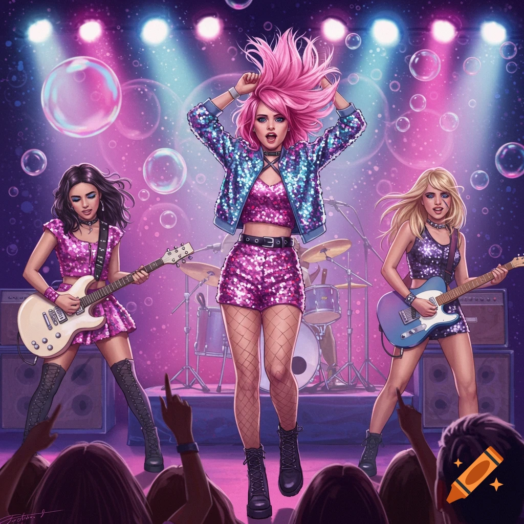 Three women in a vibrant, stylized illustration of a pop girl band performing on stage with bright lights and bubbles.
