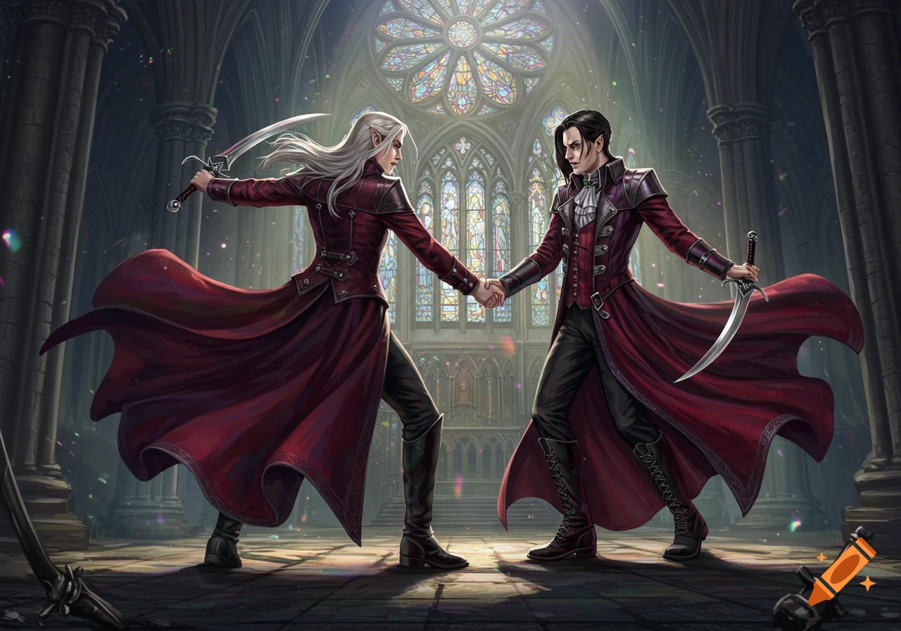 Two gothic fantasy characters in red coats and black attire stand in a cathedral, shaking hands while holding swords.