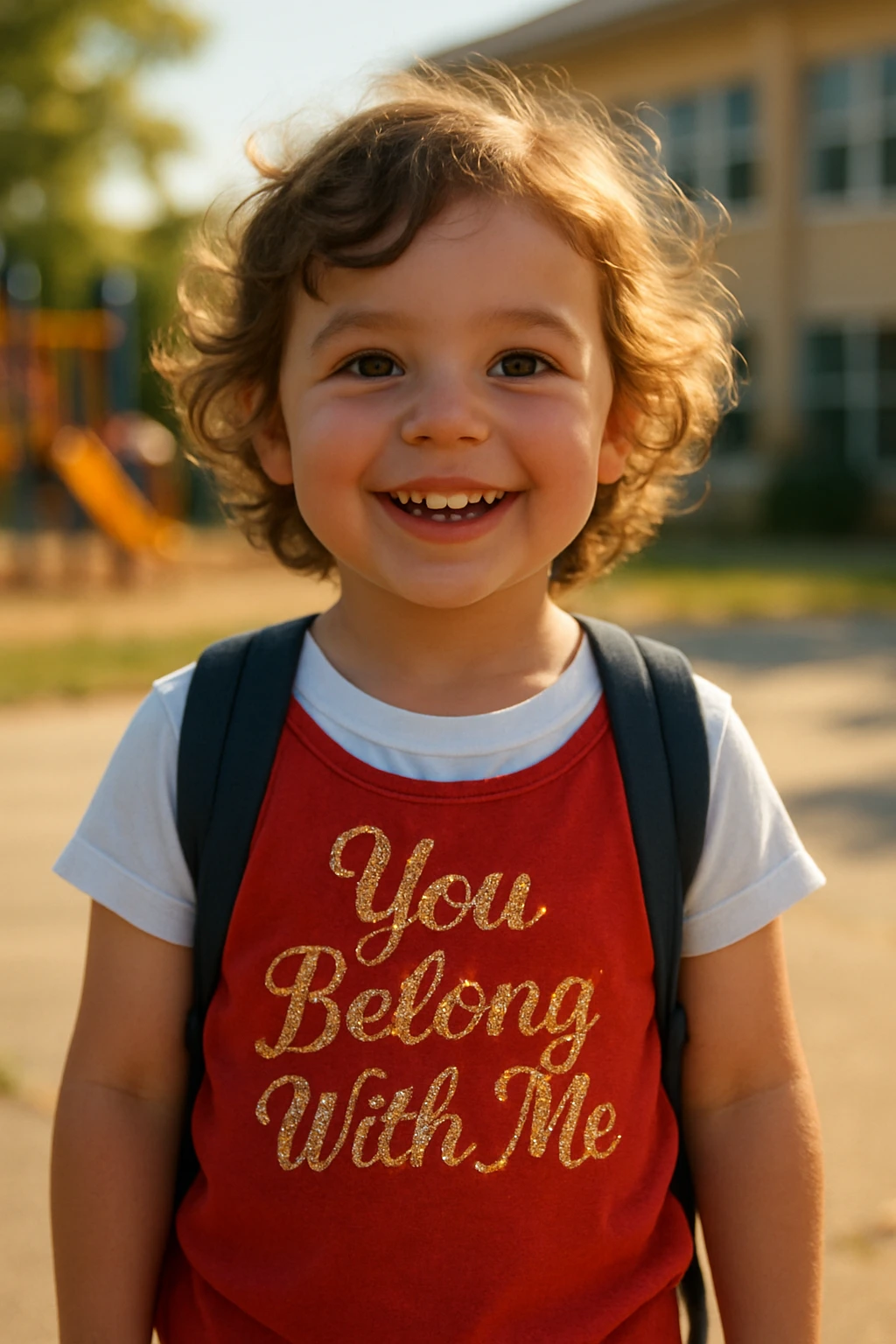 A smiling young child with curly hair wearing a red shirt with sparkly 'You Belong With Me' text and a backpack, standing outdoors.
