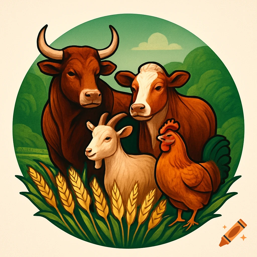 Stylized illustration of a bull, cow, goat, and chicken among wheat grains in a circular logo design.