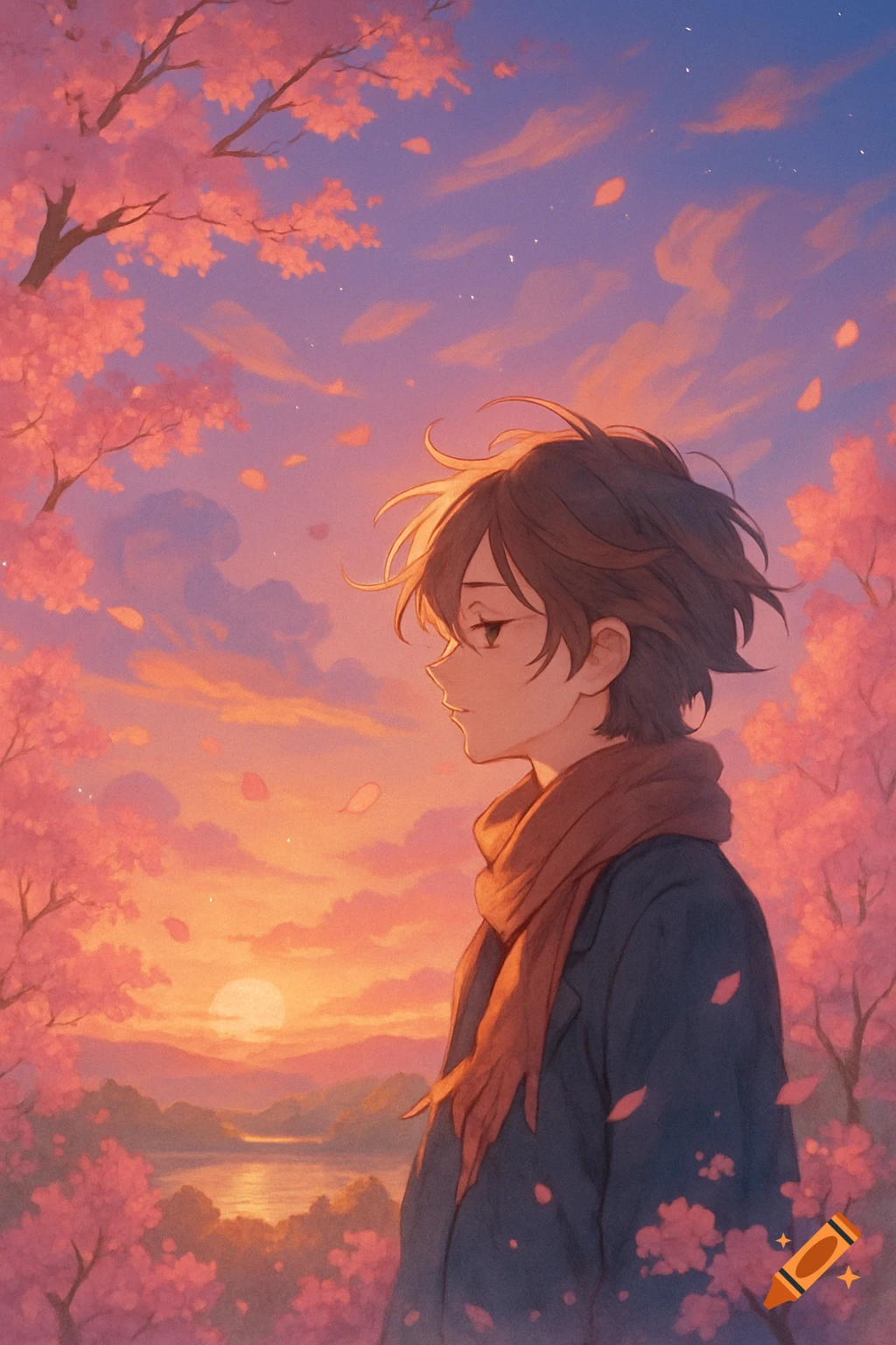 Anime portrait of a young person in a scarf, amidst pink cherry blossoms. A vibrant sunset illuminates a lake and mountains in the background.