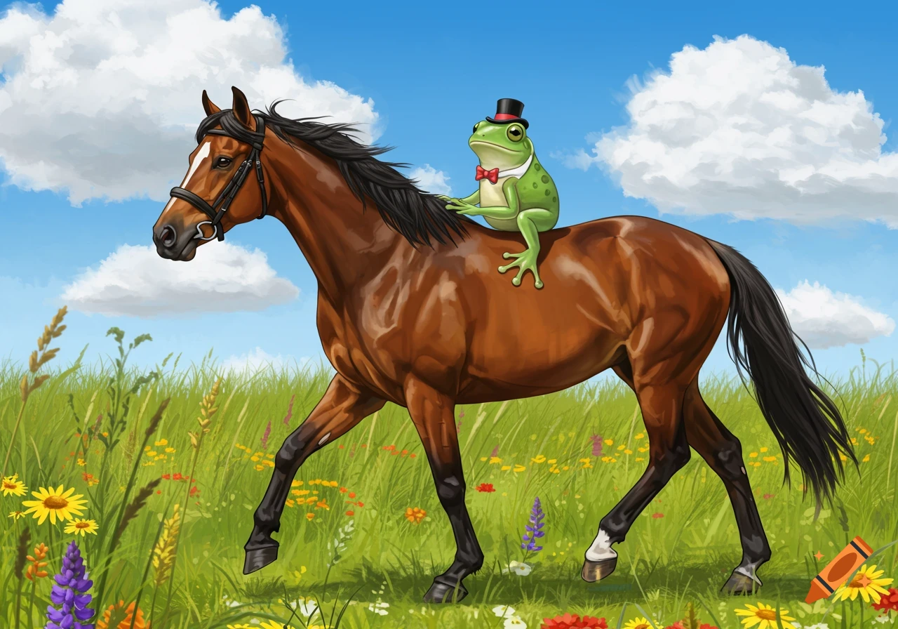 A cartoon frog in a top hat and bow tie rides a brown horse through a sunny, green field filled with wildflowers.