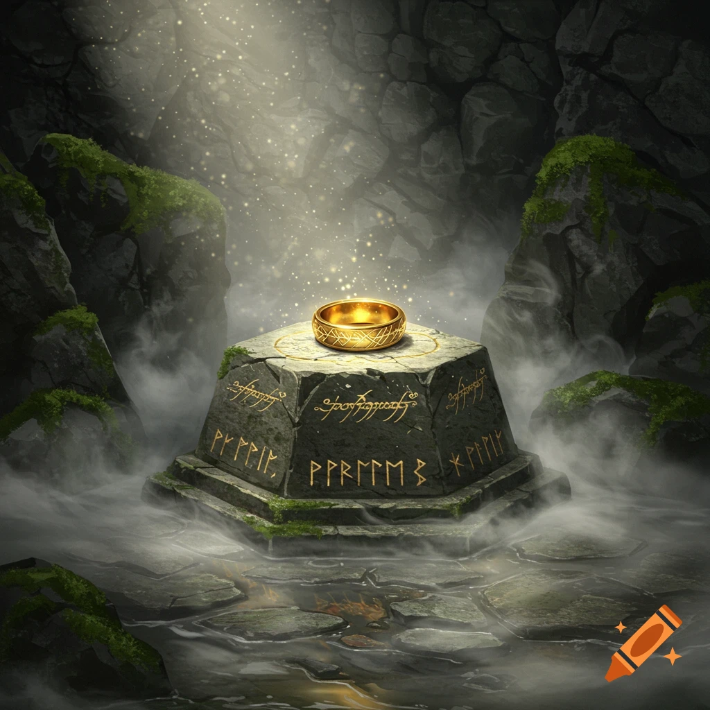 A golden ring with intricate designs rests on a mossy stone pedestal adorned with glowing runes, bathed in a mystical light within a foggy, rocky cavern.