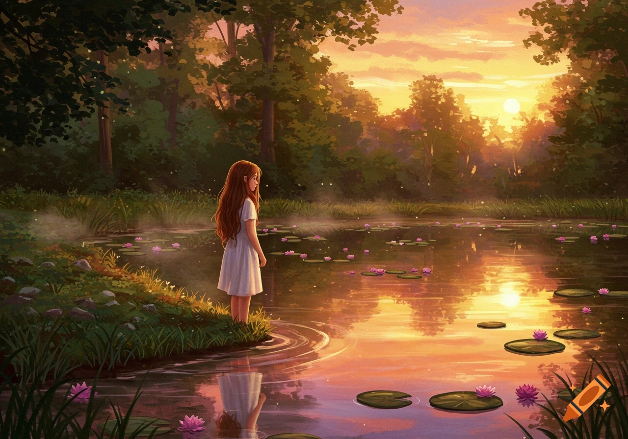 A girl with long red hair stands in a pond with lily pads, surrounded by a forest at sunset in an artistic style.