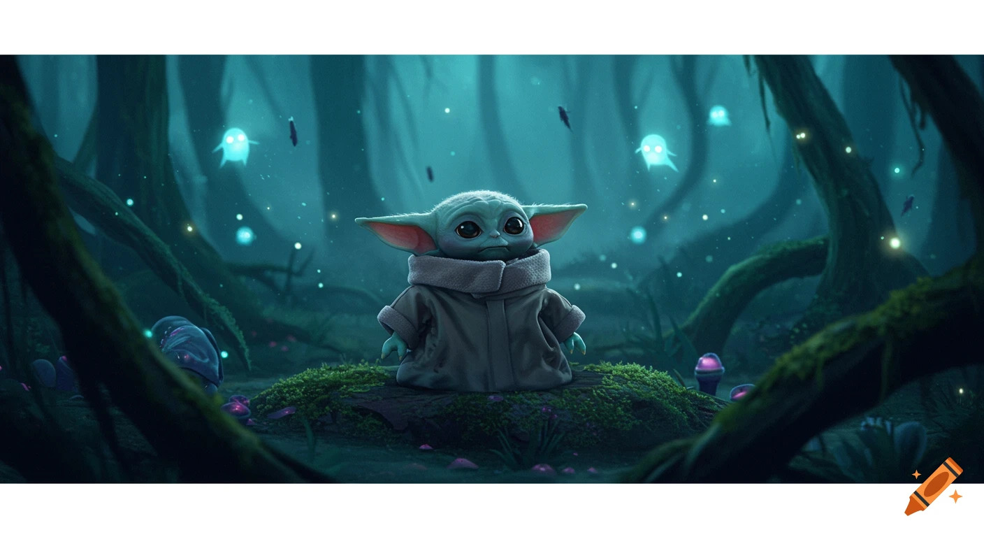 Baby Yoda sits on a mossy log in a mystical, glowing forest with blue spirits floating around.