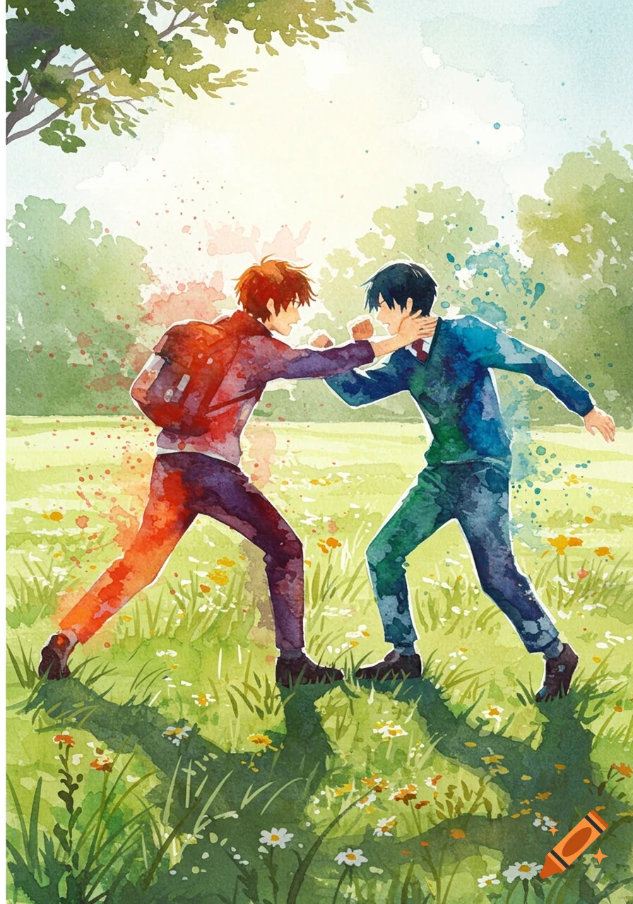 Two anime-style students fight in a watercolor meadow, with splashes of color radiating from them.