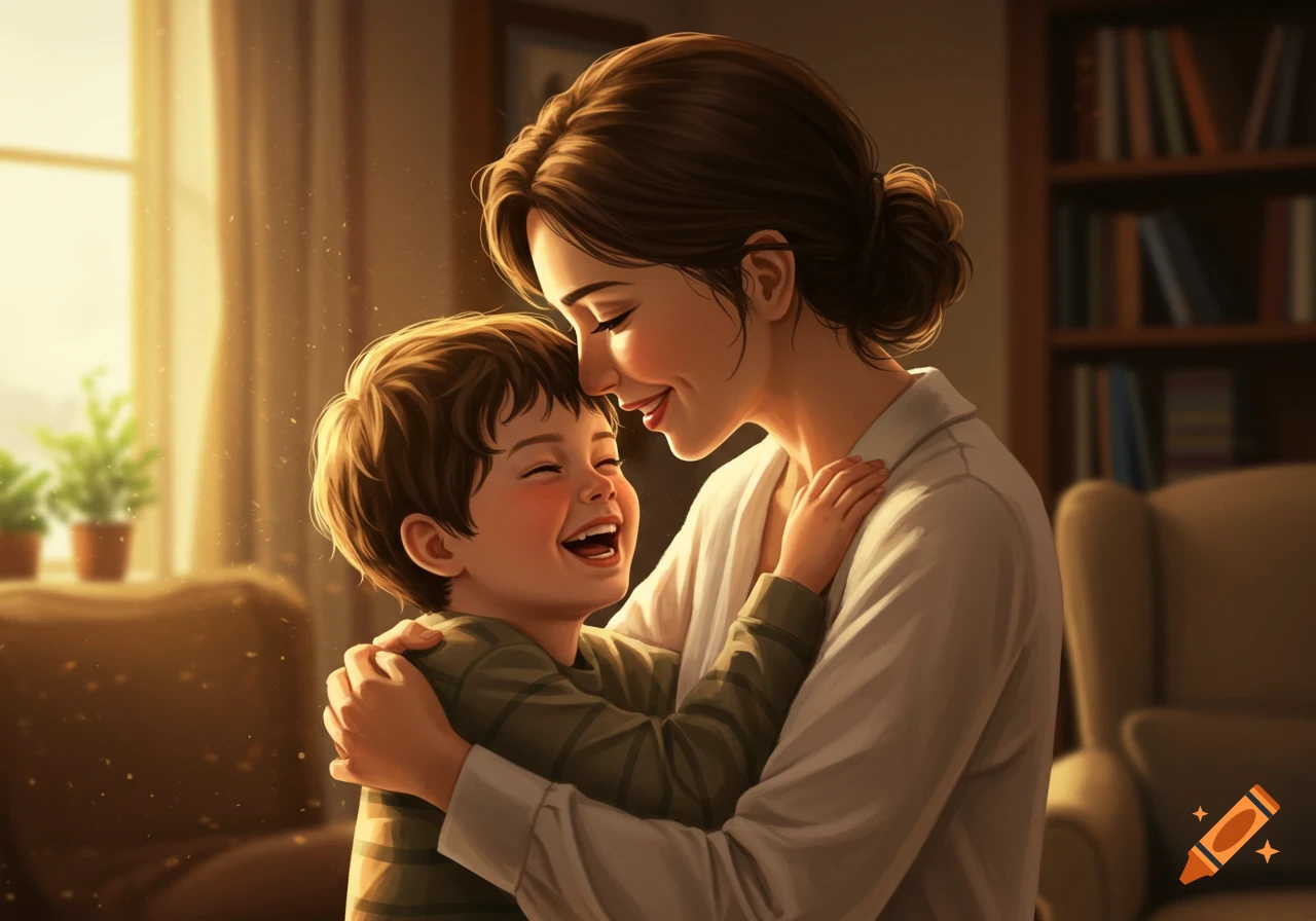 A digital illustration of a mother hugging her laughing son in warm sunlight indoors.