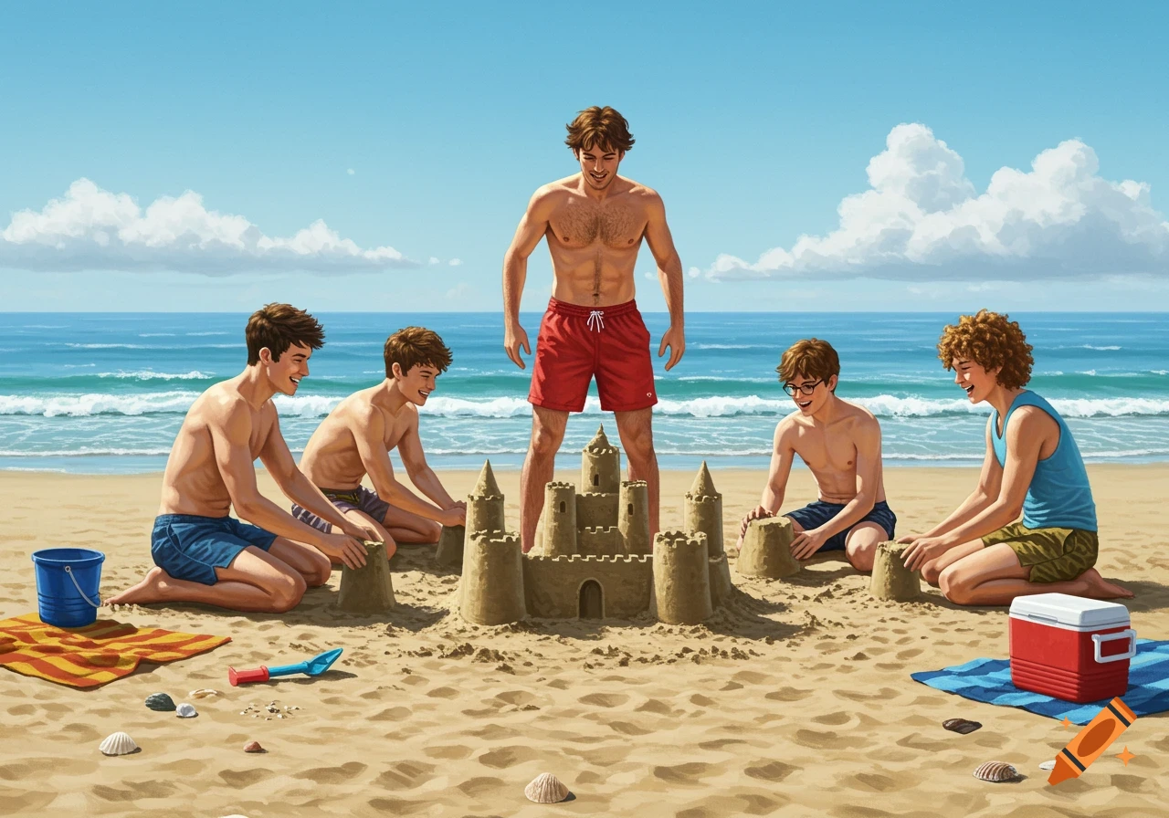 Five young men building sandcastles on a sunny beach, with ocean waves in the background.