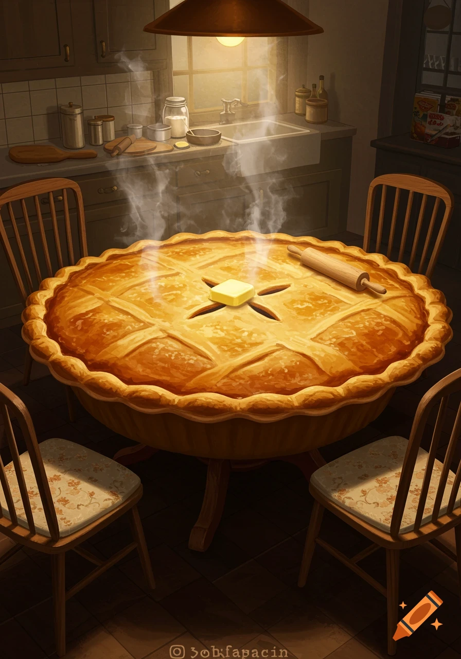 A giant, steaming hot pie serves as a kitchen table with chairs, topped with butter and a rolling pin, in a warm illustration.