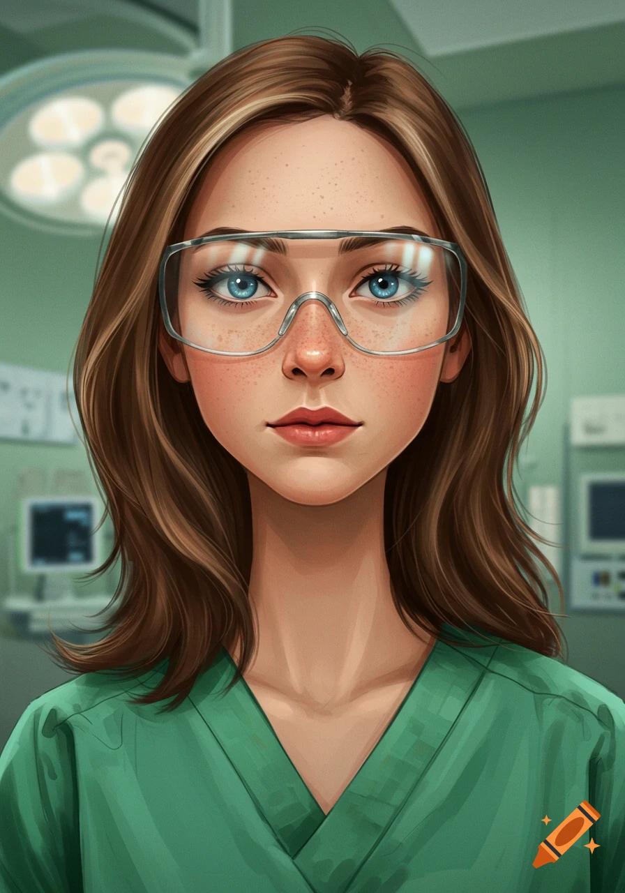 An illustrated portrait of a young woman with brown hair, blue eyes, and freckles, wearing green scrubs and safety glasses in a medical setting.