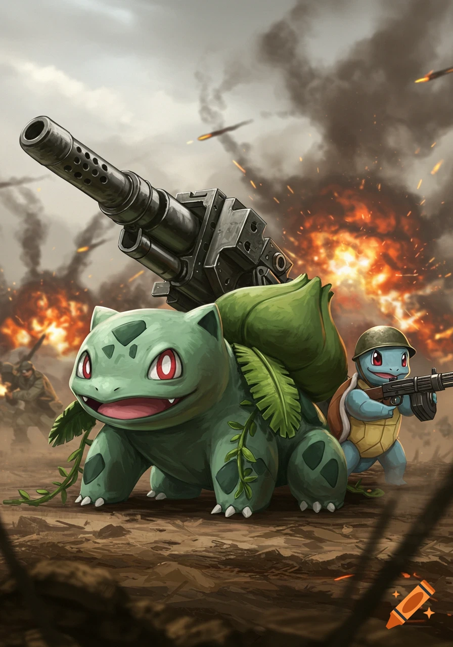 Bulbasaur with an artillery cannon on its back and Squirtle with a machine gun and helmet in a war zone with explosions.