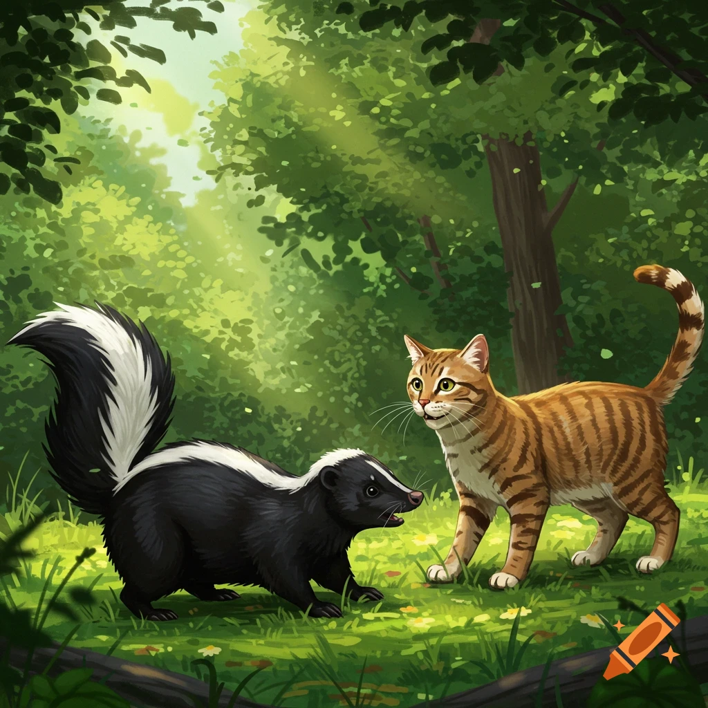 An illustrated skunk and an orange tabby cat face each other in a bright green forest.