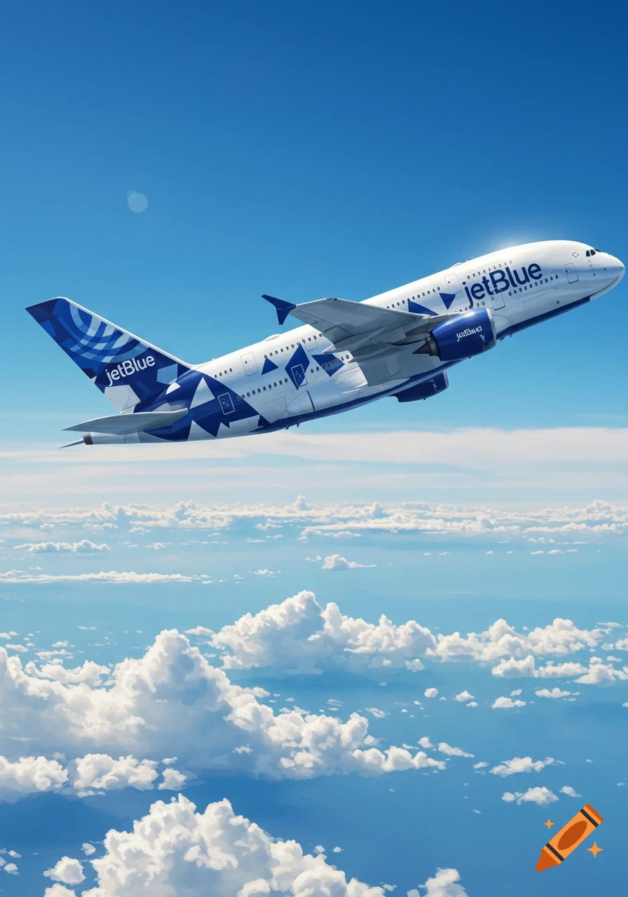 A JetBlue A380 airplane flying through a clear blue sky above scattered clouds.