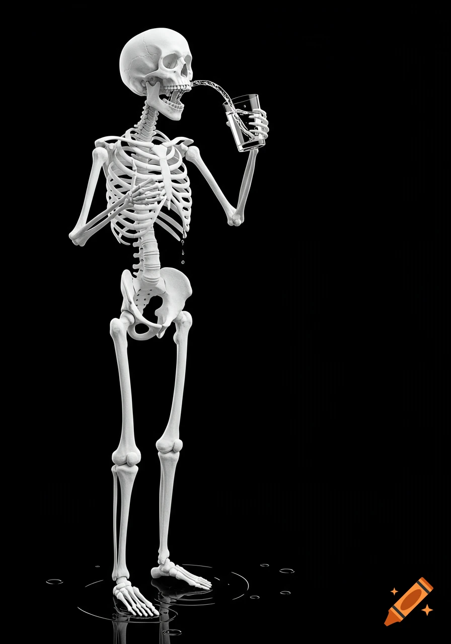A white skeleton drinks water from a glass, which pours through its ribcage and pools on the black floor.