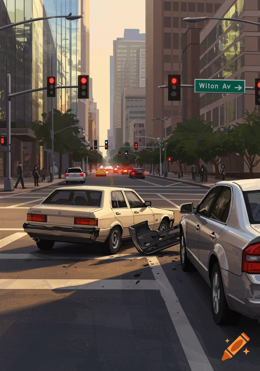A stylized image of a car accident at an intersection in a city, with a beige and silver car showing damage.