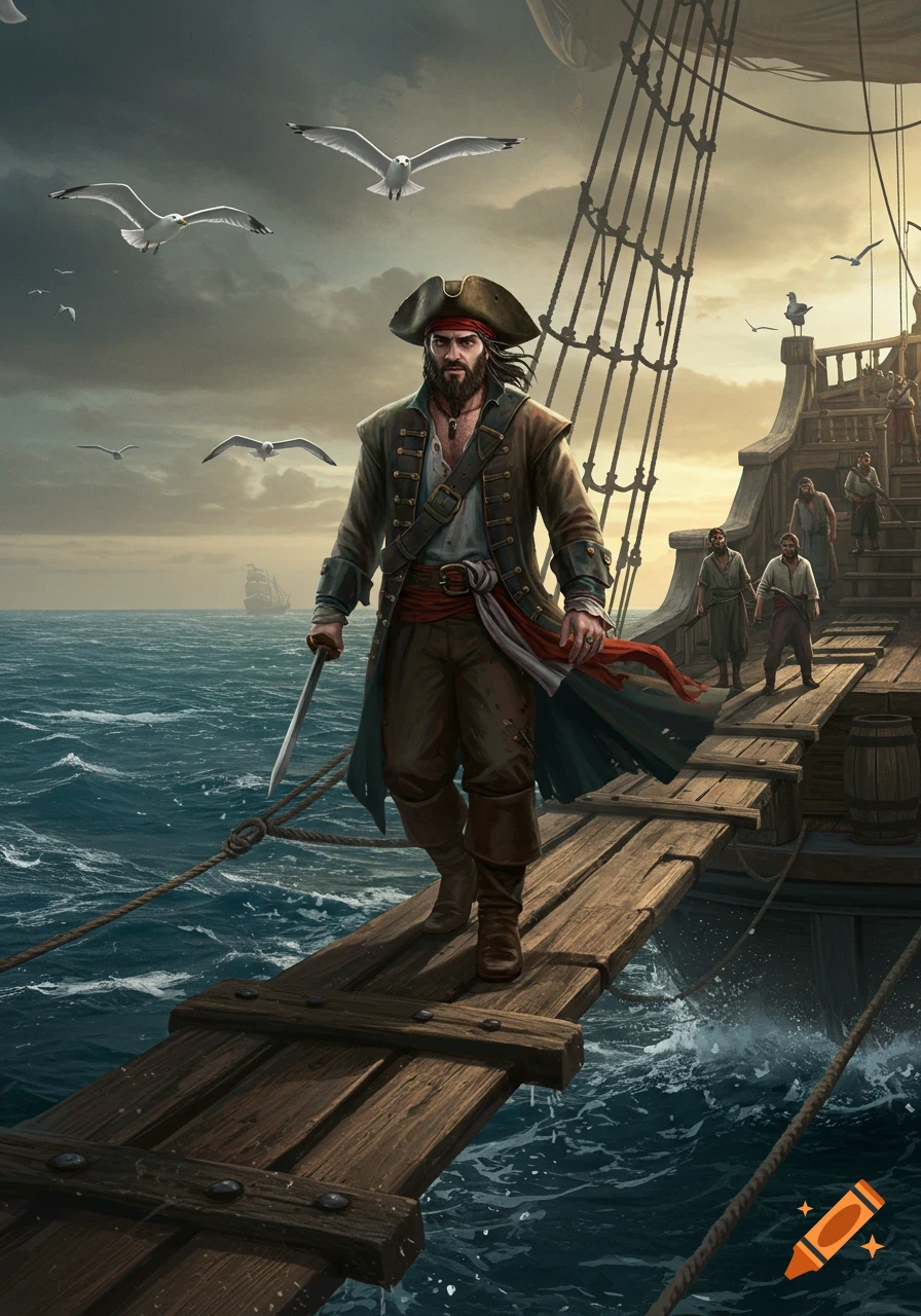A bearded pirate in a tricorn hat and long coat walks a wooden plank from his ship over a turbulent sea at sunset, with other crew members on deck and seagulls flying overhead.