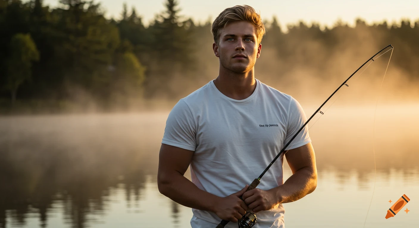 A photorealistic image of a fit young man holding a fishing rod in a misty lake at sunset.