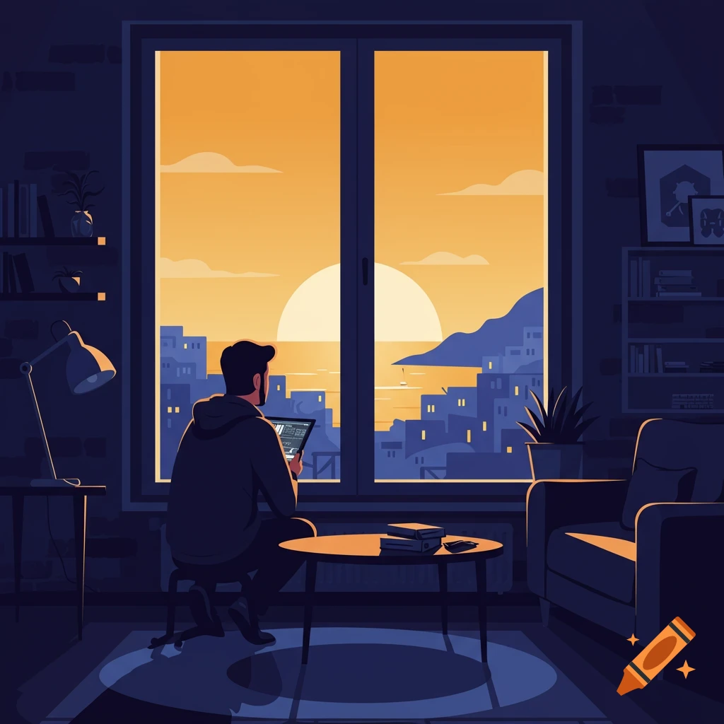 A man sits at a desk in a dark room, looking out a large window at a vibrant orange sunset over a coastal city, holding a tablet.
