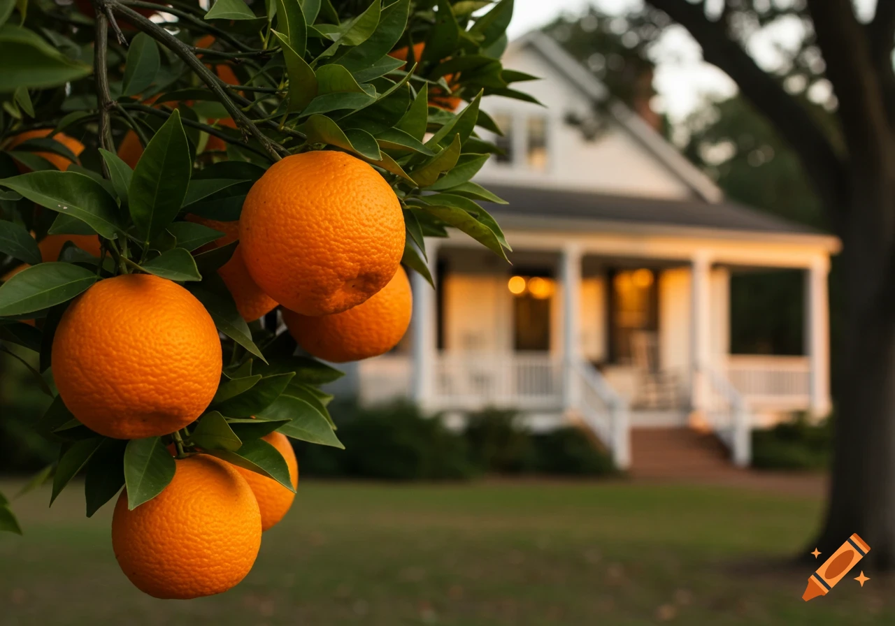 A close-up of ripe oranges hanging on a branch in the foreground, with a blurred white country house in the background.