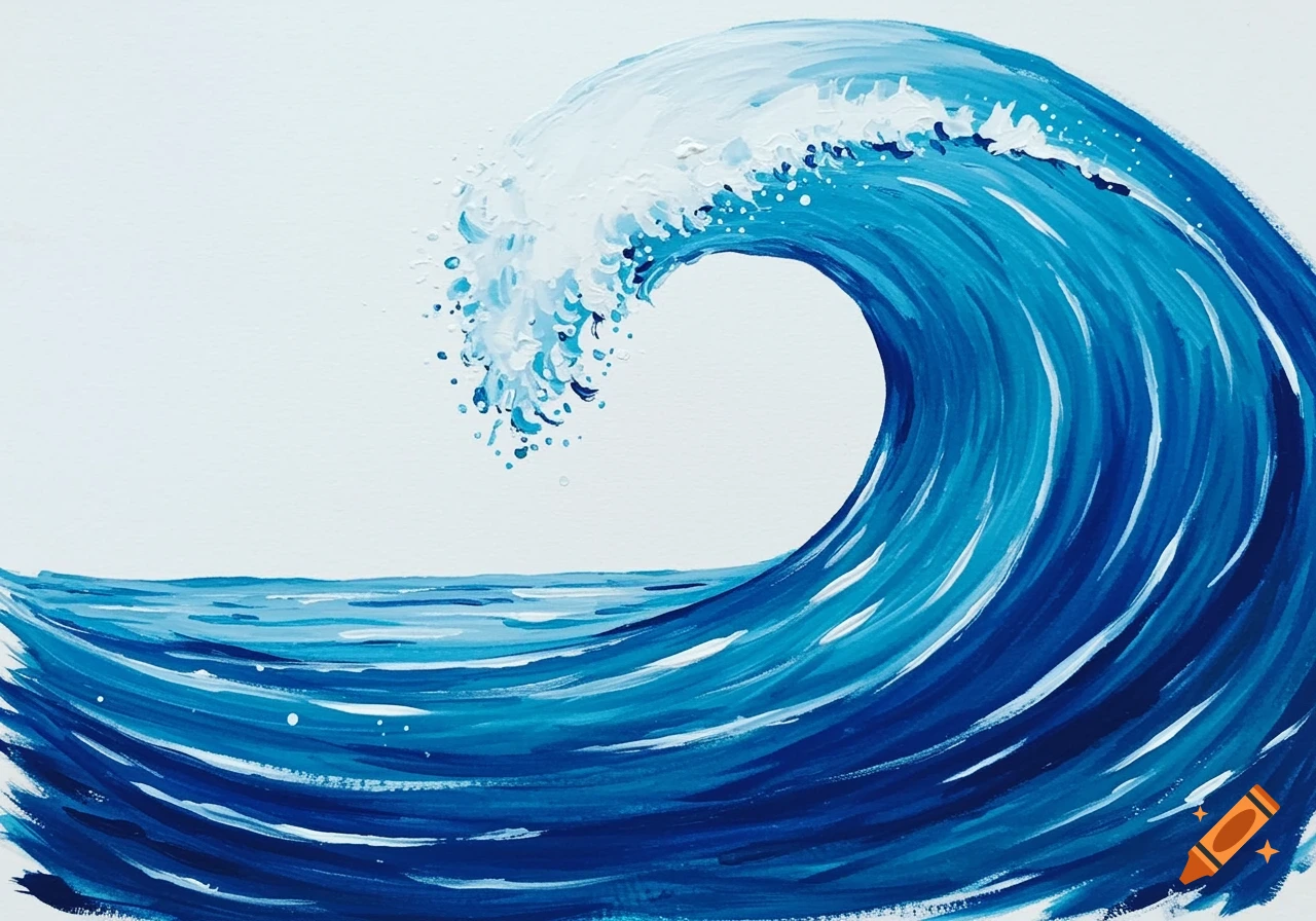 A vibrant blue ocean wave with white foam, rendered in a painterly brush stroke style.