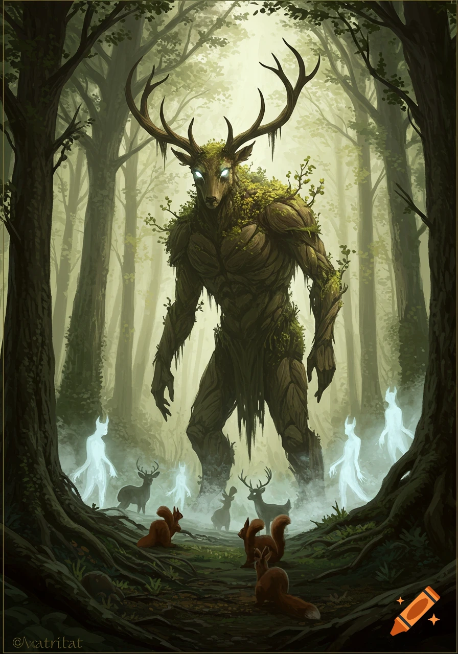 A colossal, moss-covered tree-like guardian with glowing eyes and antlers stands in a misty forest, surrounded by small deer, squirrels, and glowing spirits.