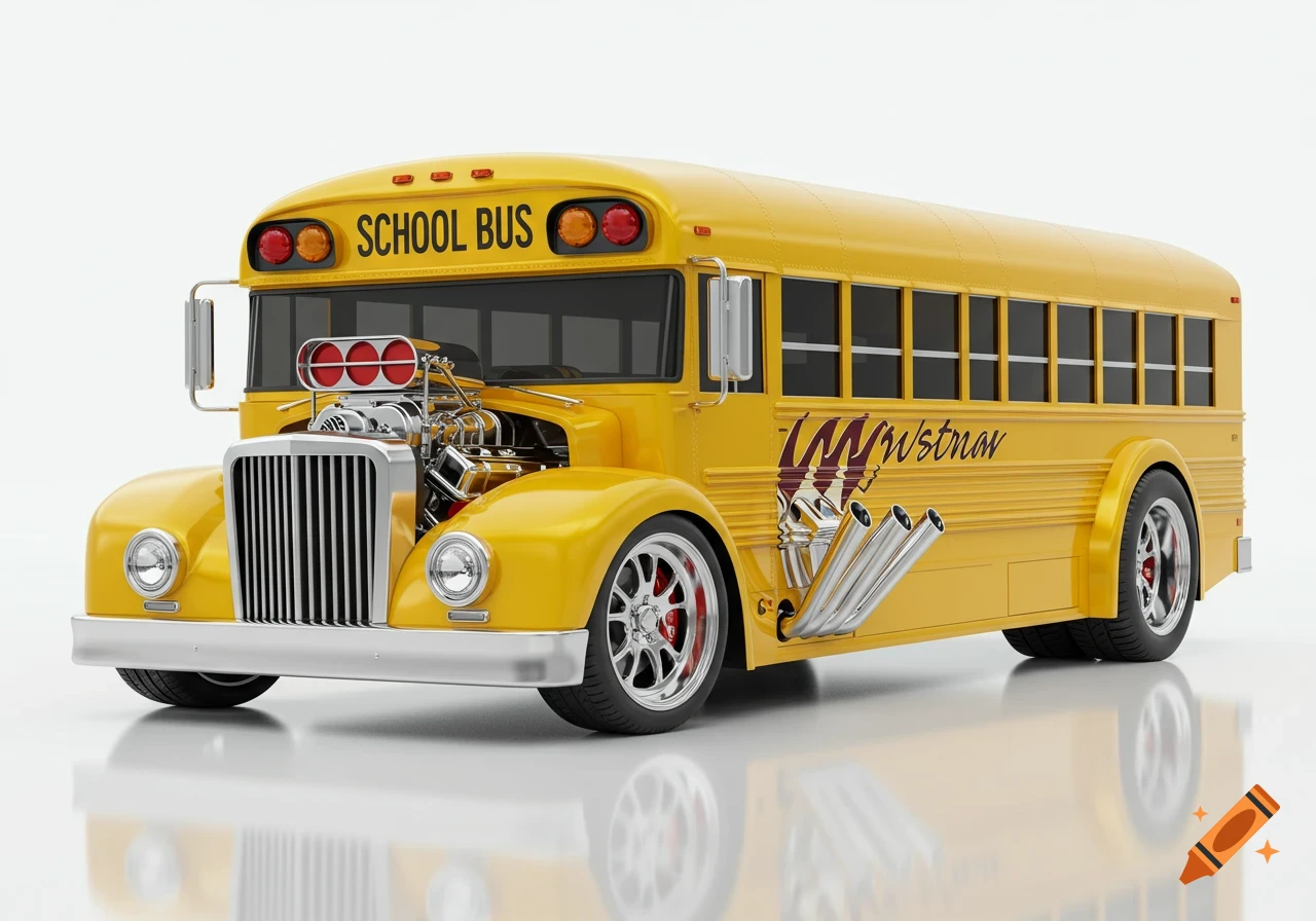 A bright yellow school bus customized into a hot rod, featuring a large exposed engine, chrome side exhaust pipes, and large wheels, set against a white background.