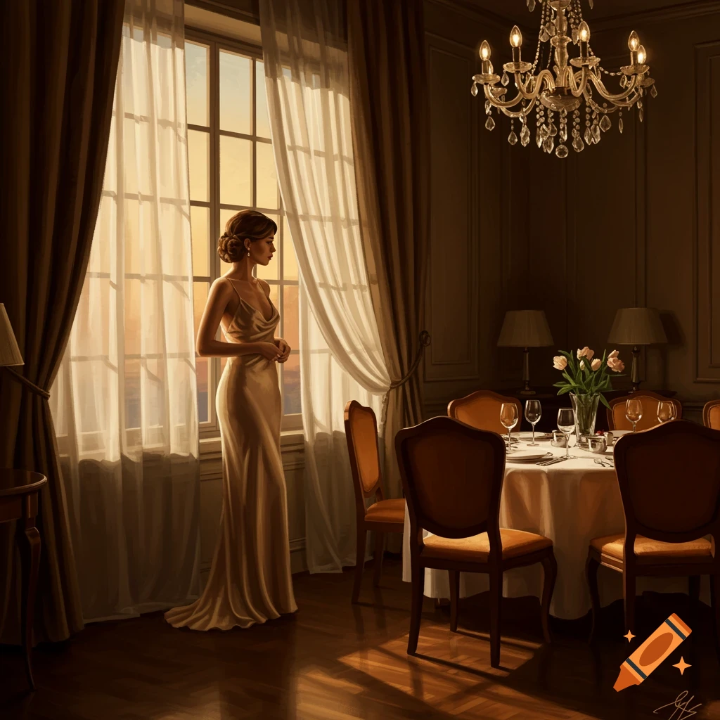 A woman in a long silk gown stands by a large window in a dimly lit, elegant dining room with a set table and chandelier.