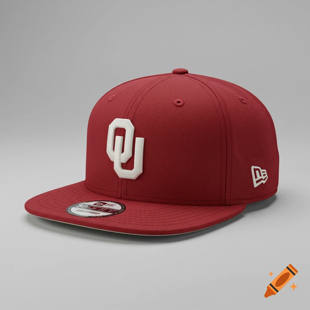 A red baseball cap with an embroidered white 'OU' logo on the front, a New Era logo on the side, and a sticker on the bill, set against a gray background.