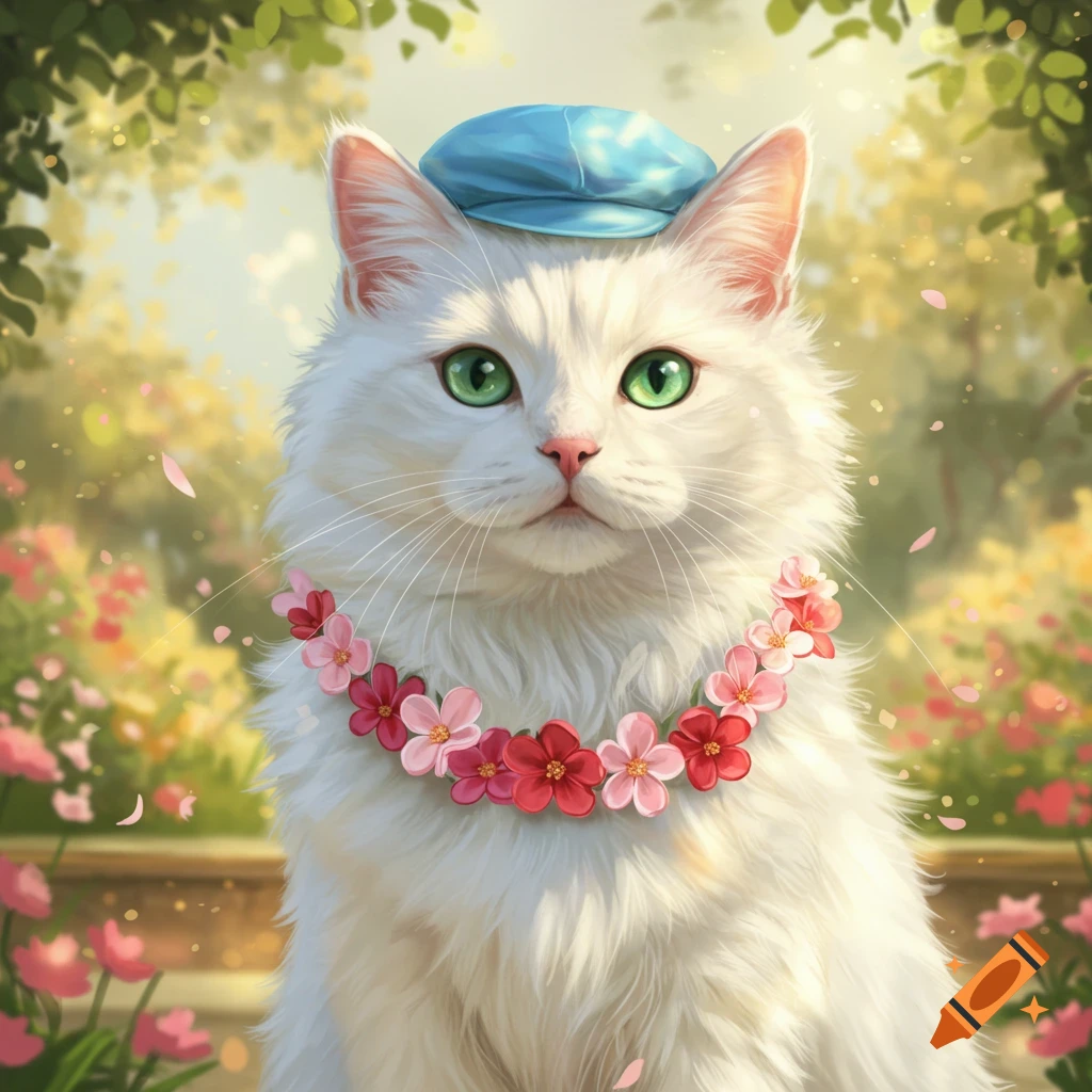 A white cat with green eyes wearing a blue hat and pink flower necklace, sitting in a sunny garden with blooming flowers.