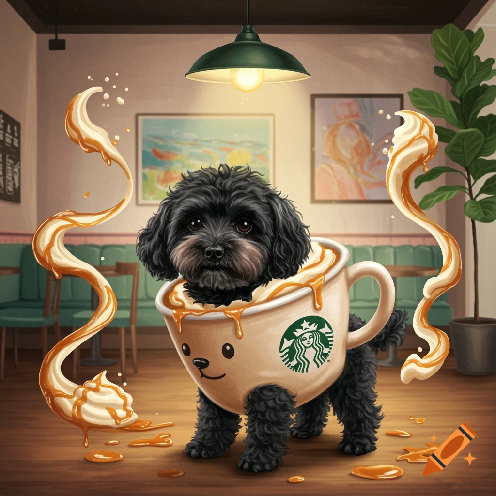 A cute black cockapoo dog stands in a Starbucks pup cup with caramel sauce spilling, inside a cafe.