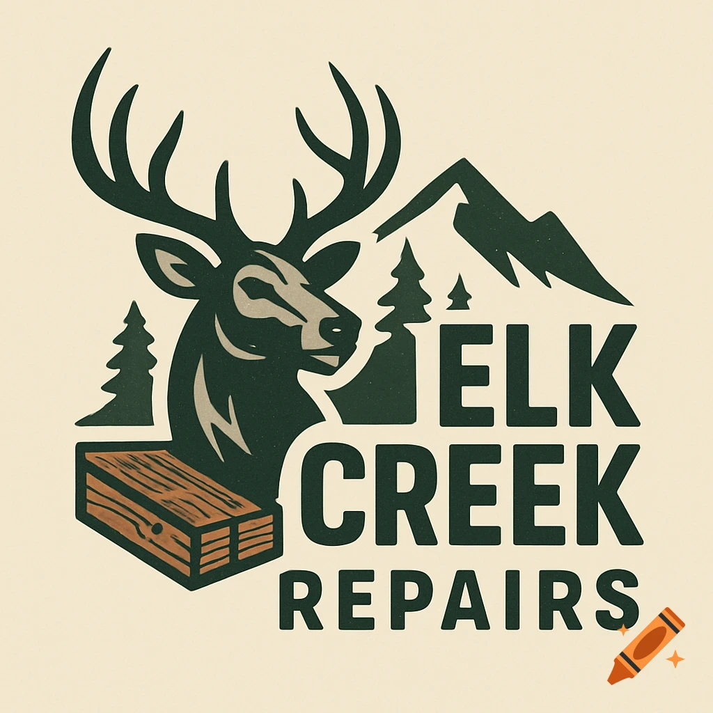 A modern-rustic logo with a stylized elk head, mountains, trees, and a wooden box, with text 'ELK CREEK REPAIRS' in earth tones.