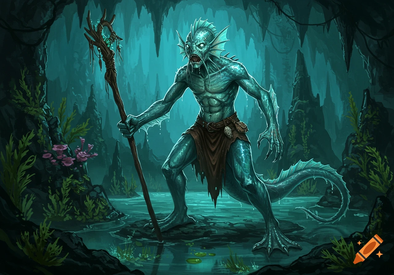 A blue-green Kuo-toa creature holding a glowing staff stands in a dark, watery cave with stalagmites, in a fantasy art style.