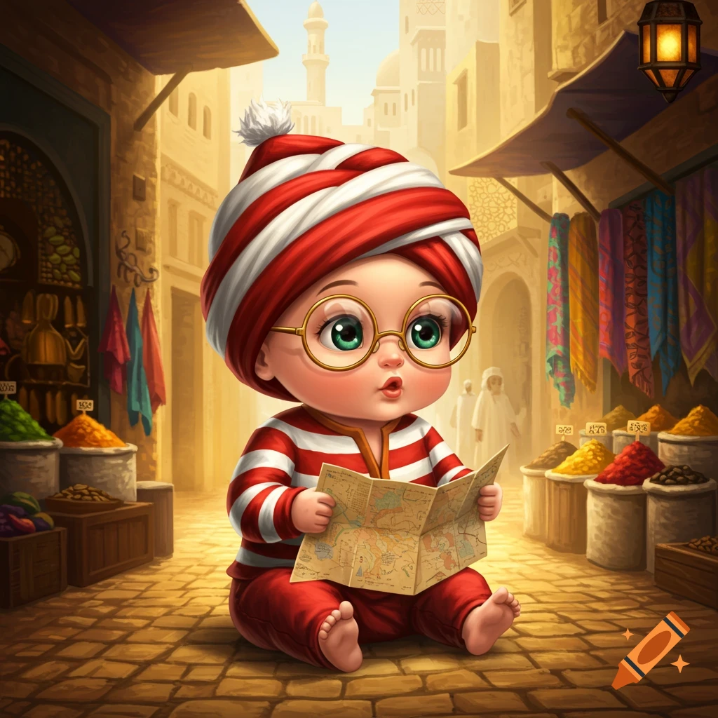 Cute cartoon baby in a red and white striped outfit and turban, wearing glasses and holding a map, sitting in a bustling Middle Eastern market.