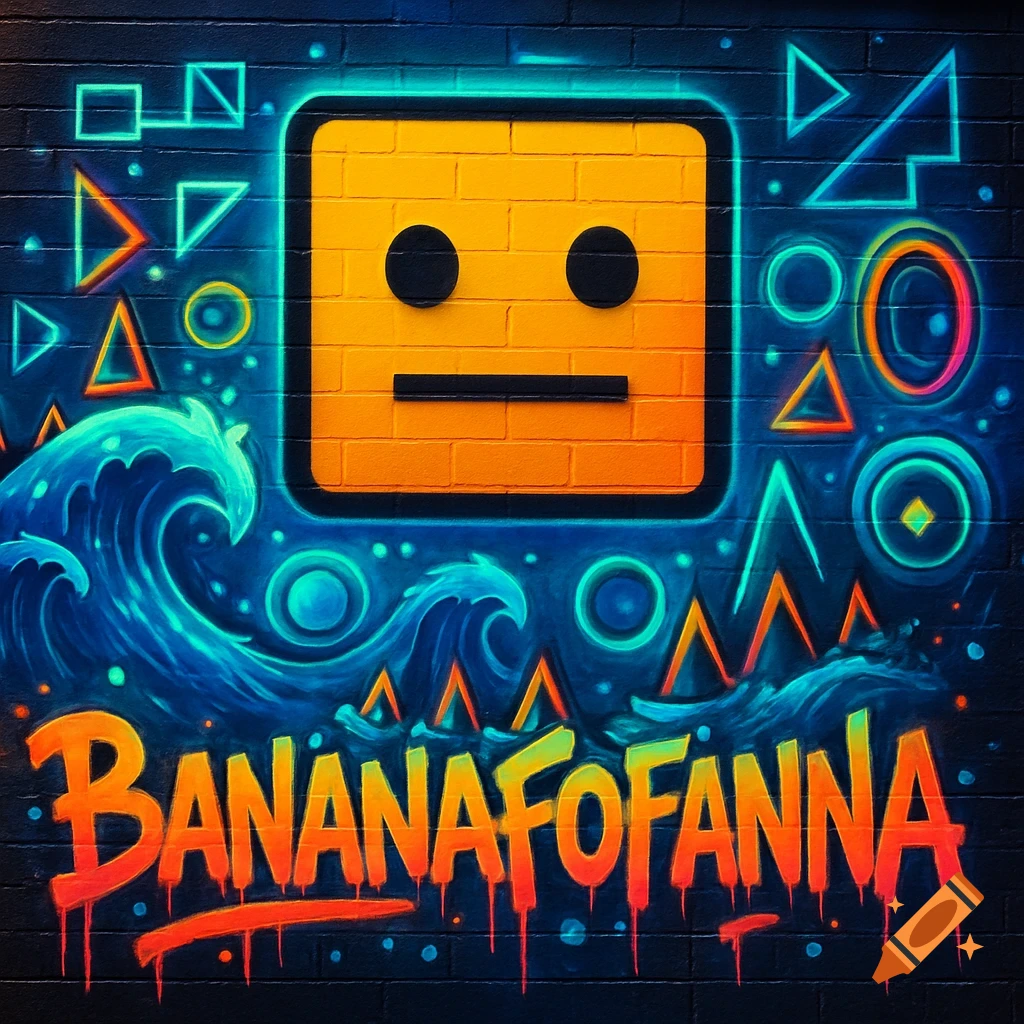 Graffiti wall art with a yellow square face, blue waves, geometric shapes, and 'BANANAFOFANNA' in vibrant, neon-lit style.
