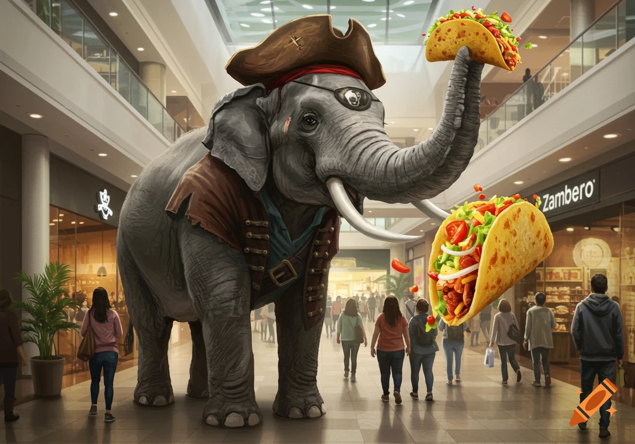 A large pirate elephant wearing an eye patch and hat holds a taco with its trunk inside a busy shopping mall, with another large taco floating nearby.