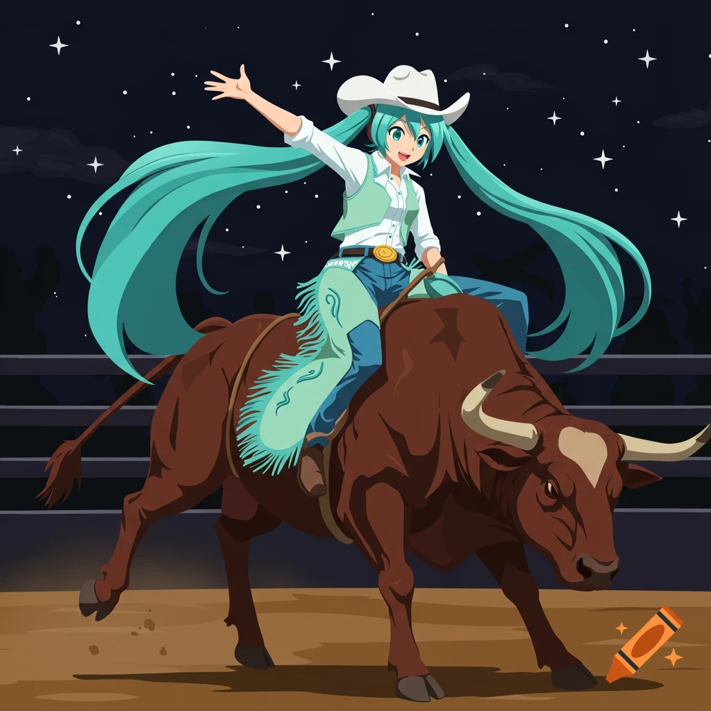 Hatsune Miku in a cowgirl hat and western attire, riding a bucking bull at a night rodeo.