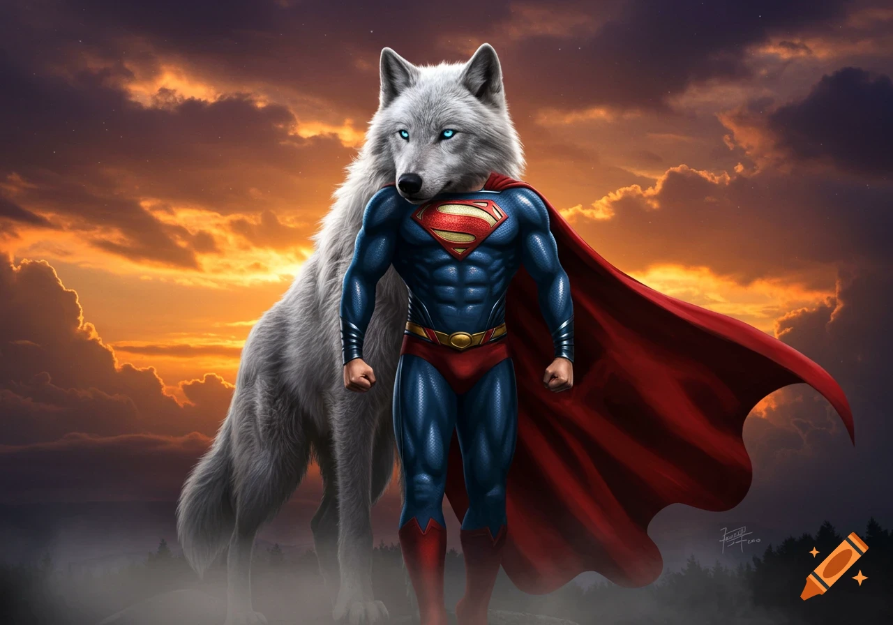 A muscular Superman body with a white wolf's head and glowing blue eyes stands against a vibrant sunset sky, wearing a blue suit and red cape.