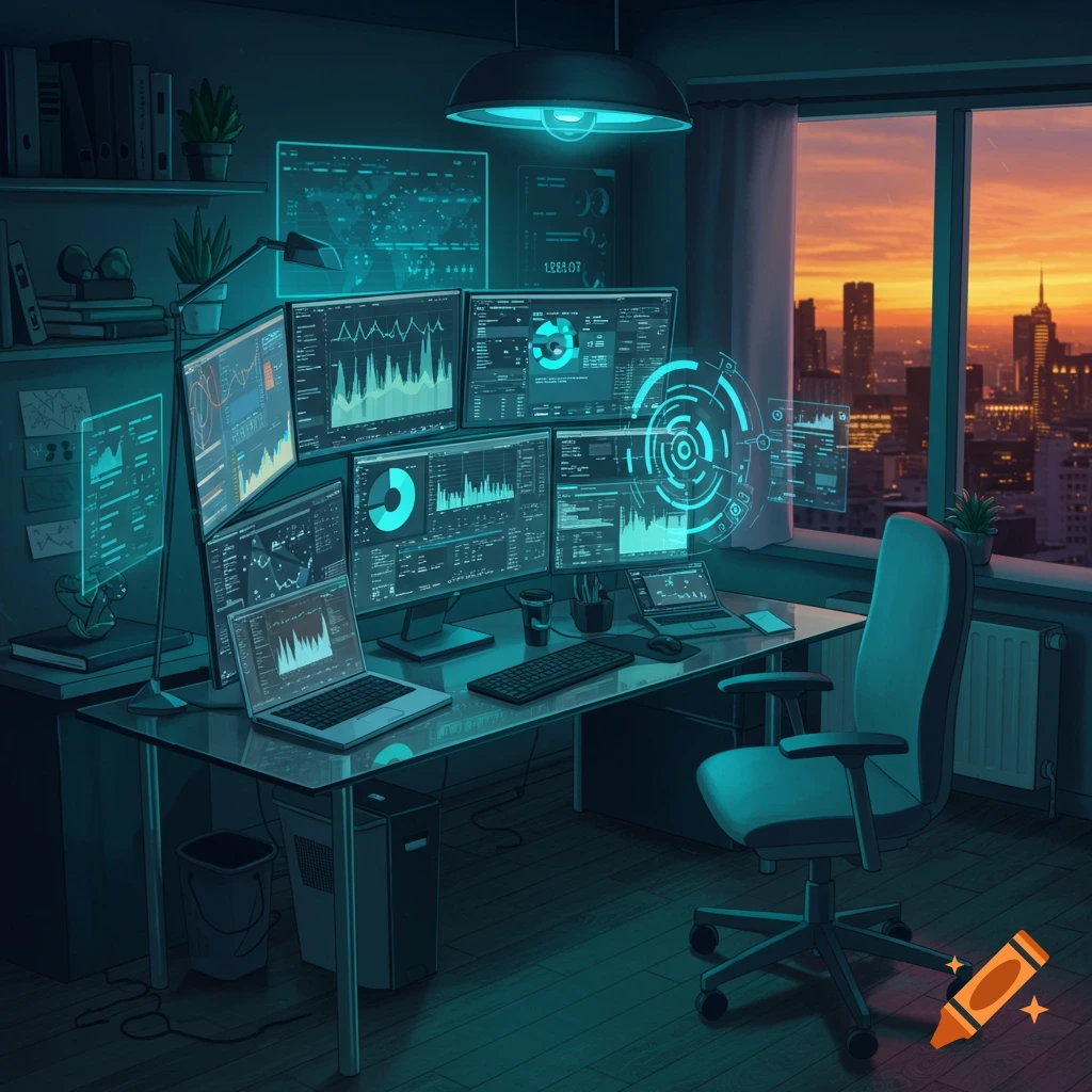 An empty modern office workspace with multiple computer monitors displaying data, a laptop, and an office chair, overlooking a city skyline at sunset.