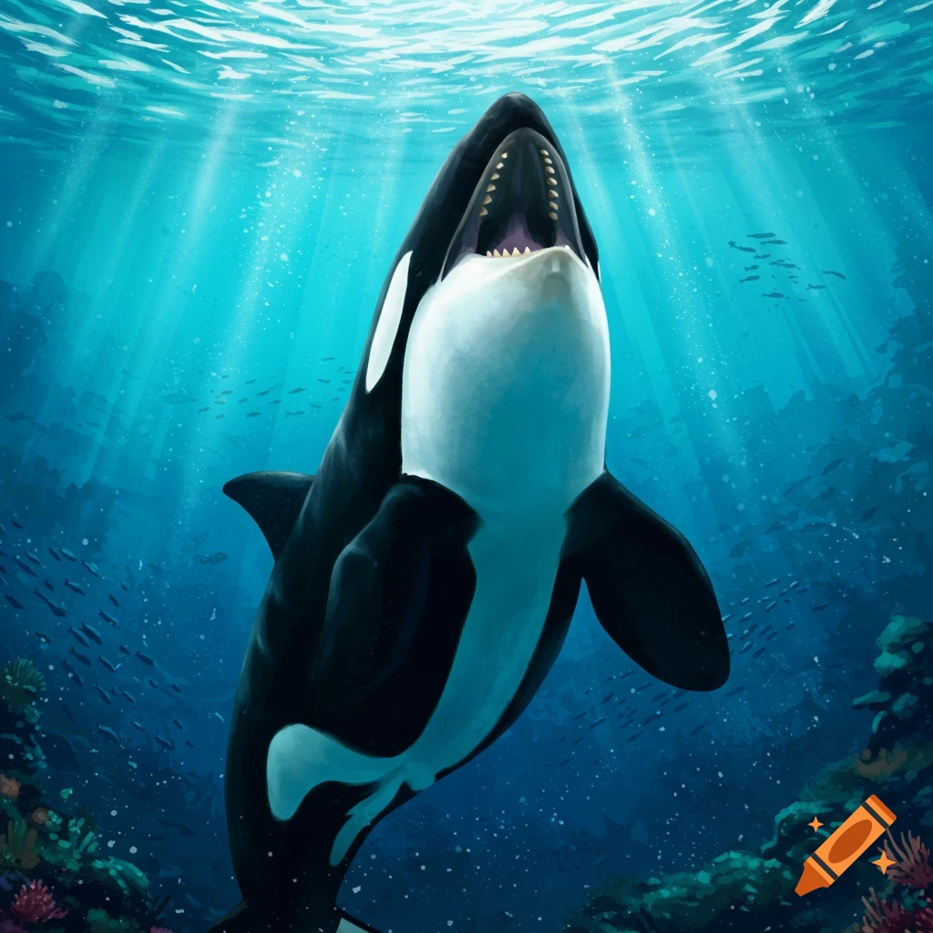 A black and white orca whale swims upwards in clear blue ocean water, its mouth open revealing teeth, with sun rays from above and a coral reef below.